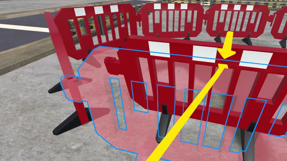 Red and white safety barriers being placed with a VR pointer