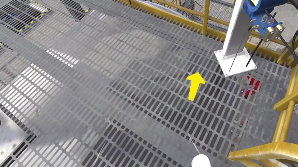 Climbing through the steel frame of a plant structure, following a yellow guide arrow