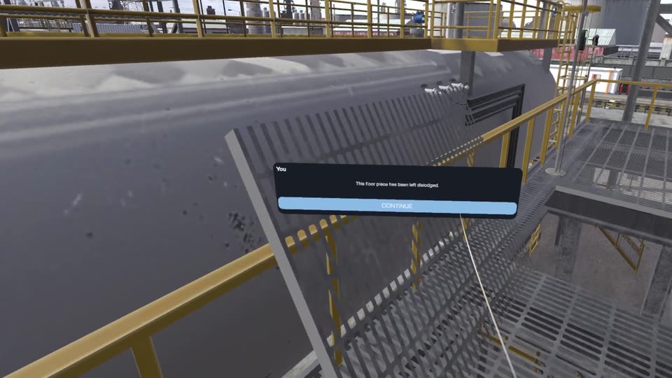 A lifted section of floor grating on a raised walkway, with a VR dialogue box