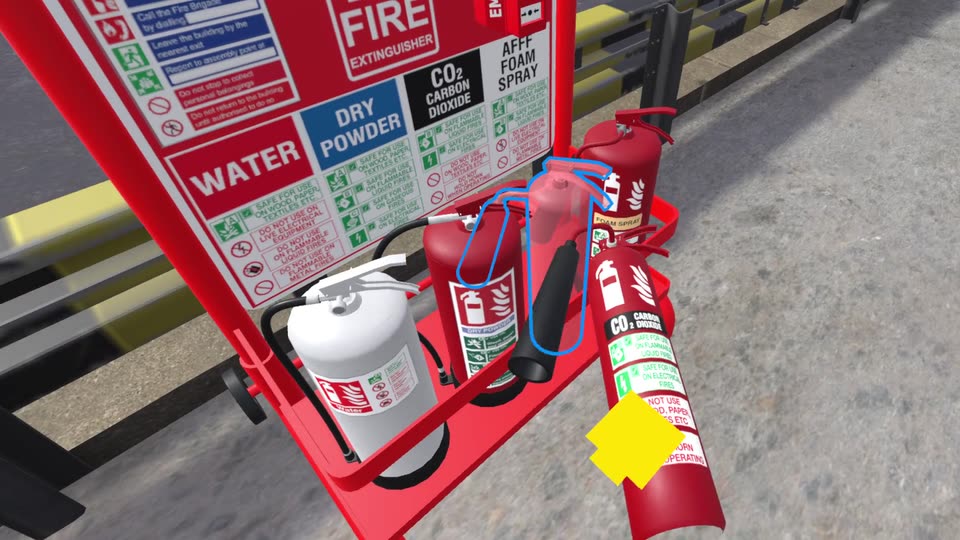 A fire point stand with extinguishers, one highlighted for selection