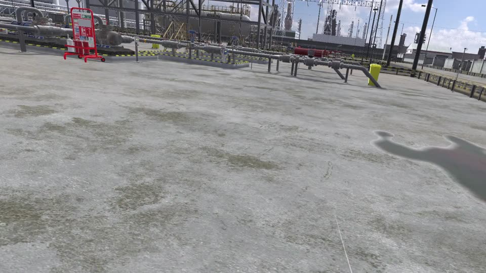 VR view of a process plant with pipe racks and tanks