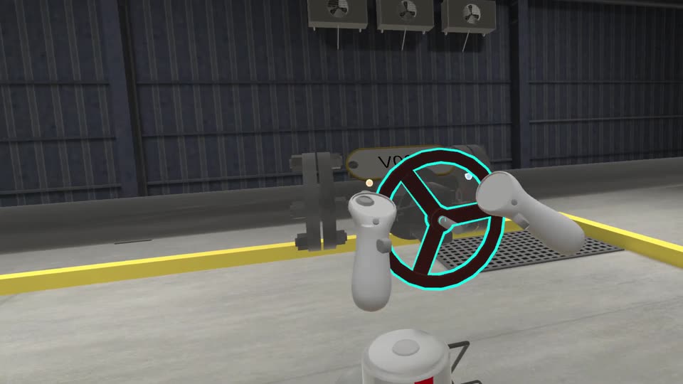 Both VR controllers gripping a large valve handwheel