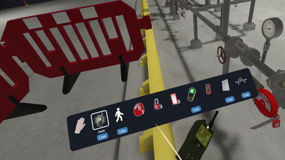 A radio dialogue box addressed to the control room, beside valves and a barrier
