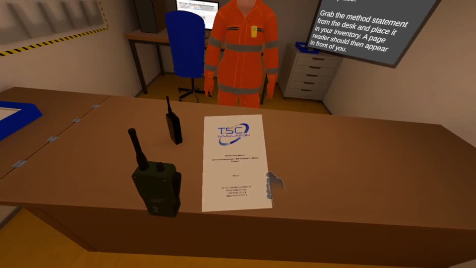 A site office with an instructor, a radio and the job paperwork on the desk