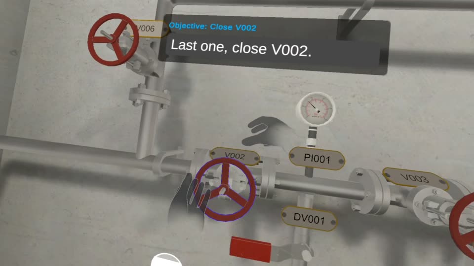 Closing valve V002 with the instruction "Last one, close V002"
