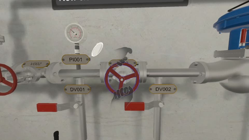 A hand turning valve V003 with the instruction "Now close V003"
