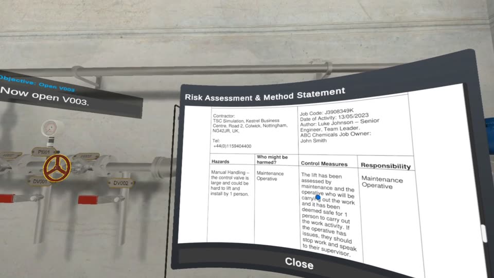 A risk assessment and method statement document panel in front of the pipework