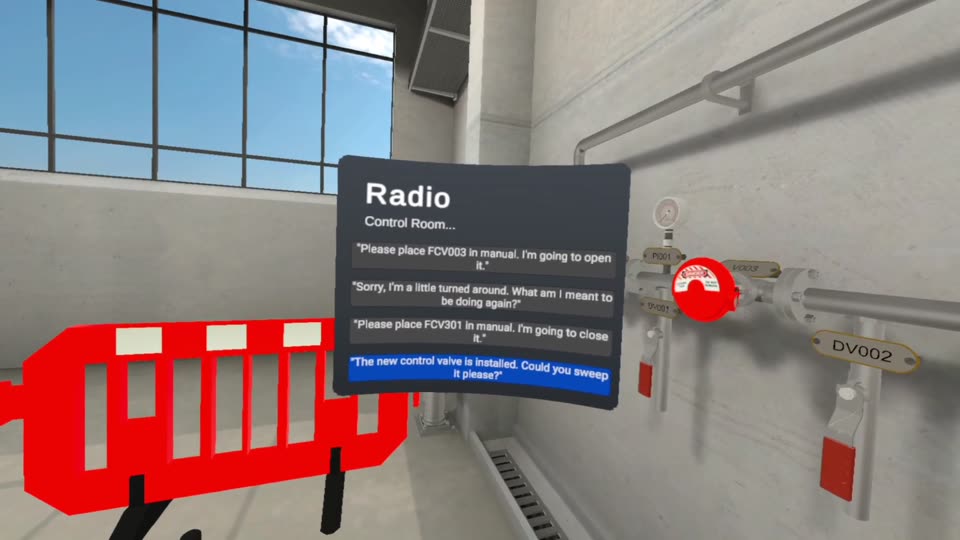 A radio dialogue panel with reply options, beside barriers and valves