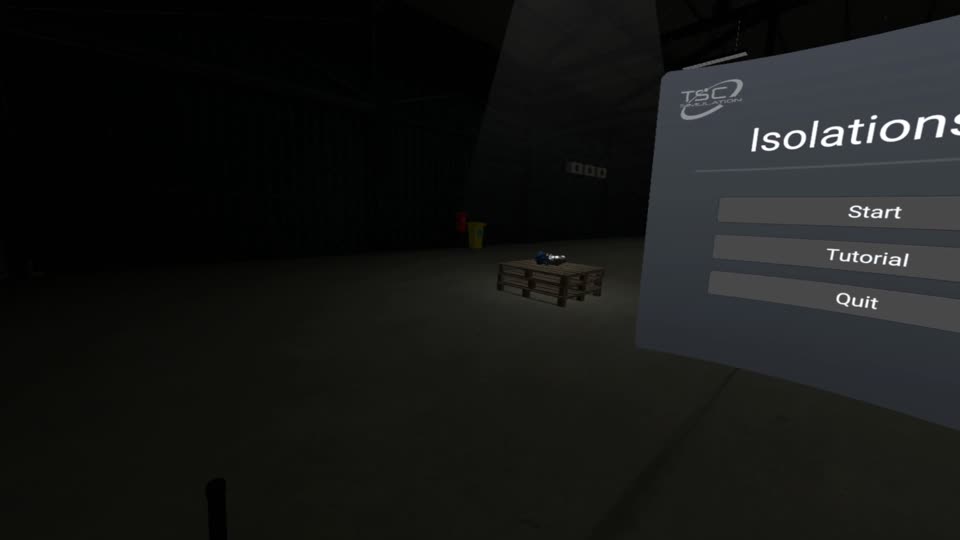 A dimly lit warehouse with pallets and the Isolations VR main menu