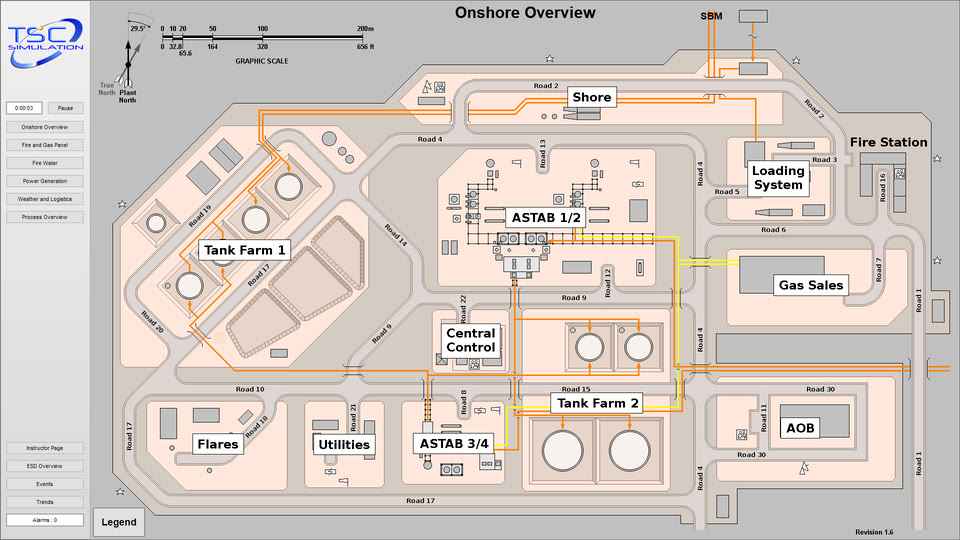 A plan of an onshore terminal with tank farms, roads, flares, a fire station and process areas, beside a page menu