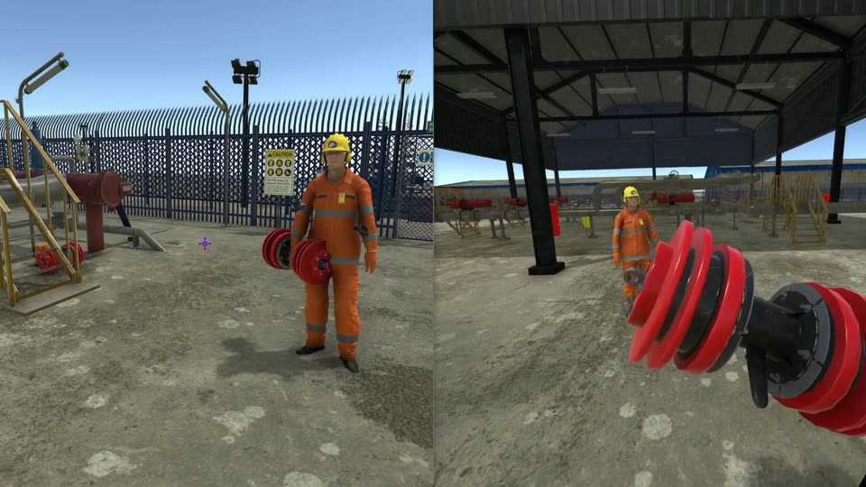 A worker in orange overalls carrying a red pipeline pig across the site