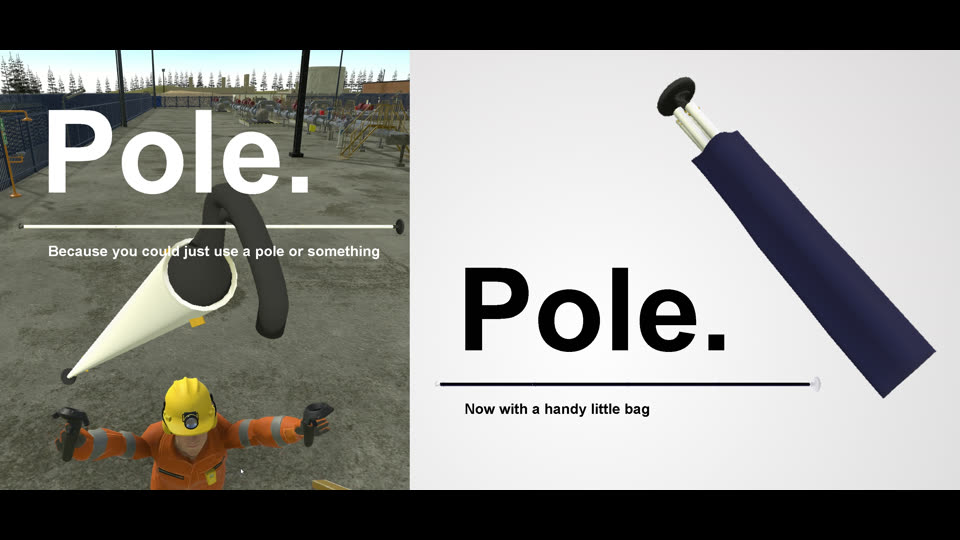 Two-panel advert reading "Pole." beside the pig pole, one panel in the pipeline site and one on a white background with the pole in a carry bag