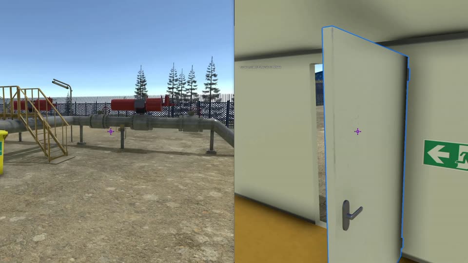 A worker in a site office, then the door opening onto the pipeline site