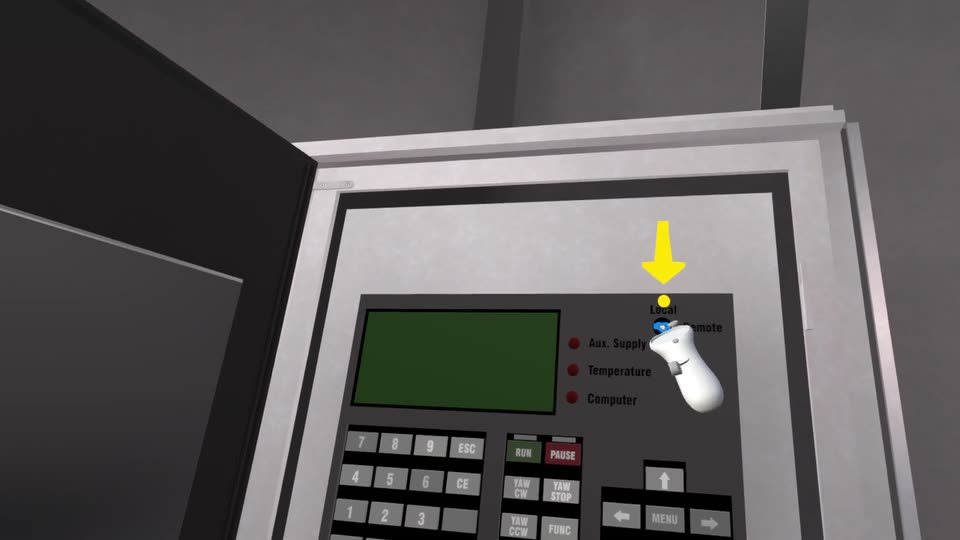 A turbine control panel with keypad, yaw buttons and a local/remote switch