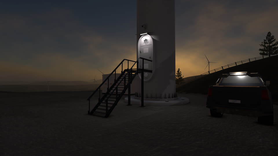 Steps up to the tower door at dusk, a pickup truck parked beside it