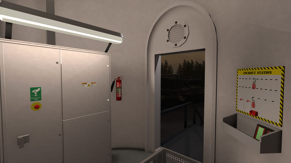 The inside of the tower base: control cabinets, a fire extinguisher and the open door