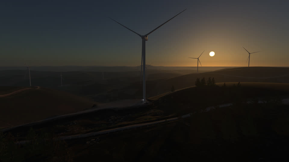 Wind Farm: a turbine silhouetted against the setting sun