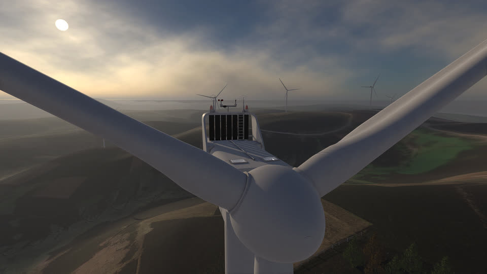View along the nacelle roof to the blades and the valley below