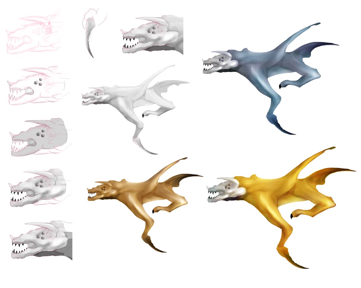 Concept sheet of a winged creature, from head studies through to colour variations