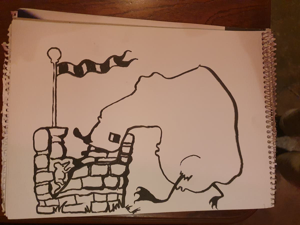 Ink drawing of a large creature leaning over a small brick tower